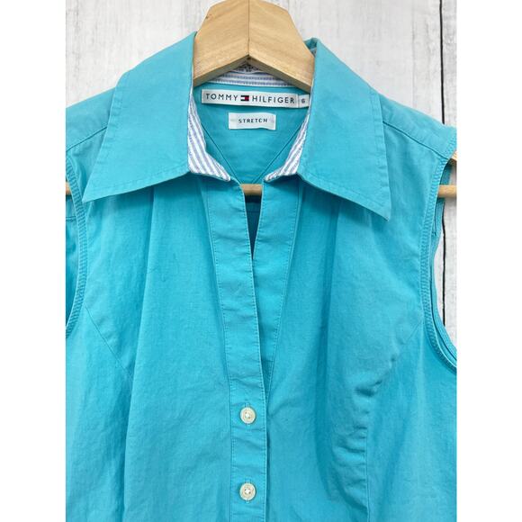 Tommy Hilfiger SZ 6 VINTAGE Y2K Blue Stretch Sleeveless Button Up Top Blouse - Picture 3 of 8